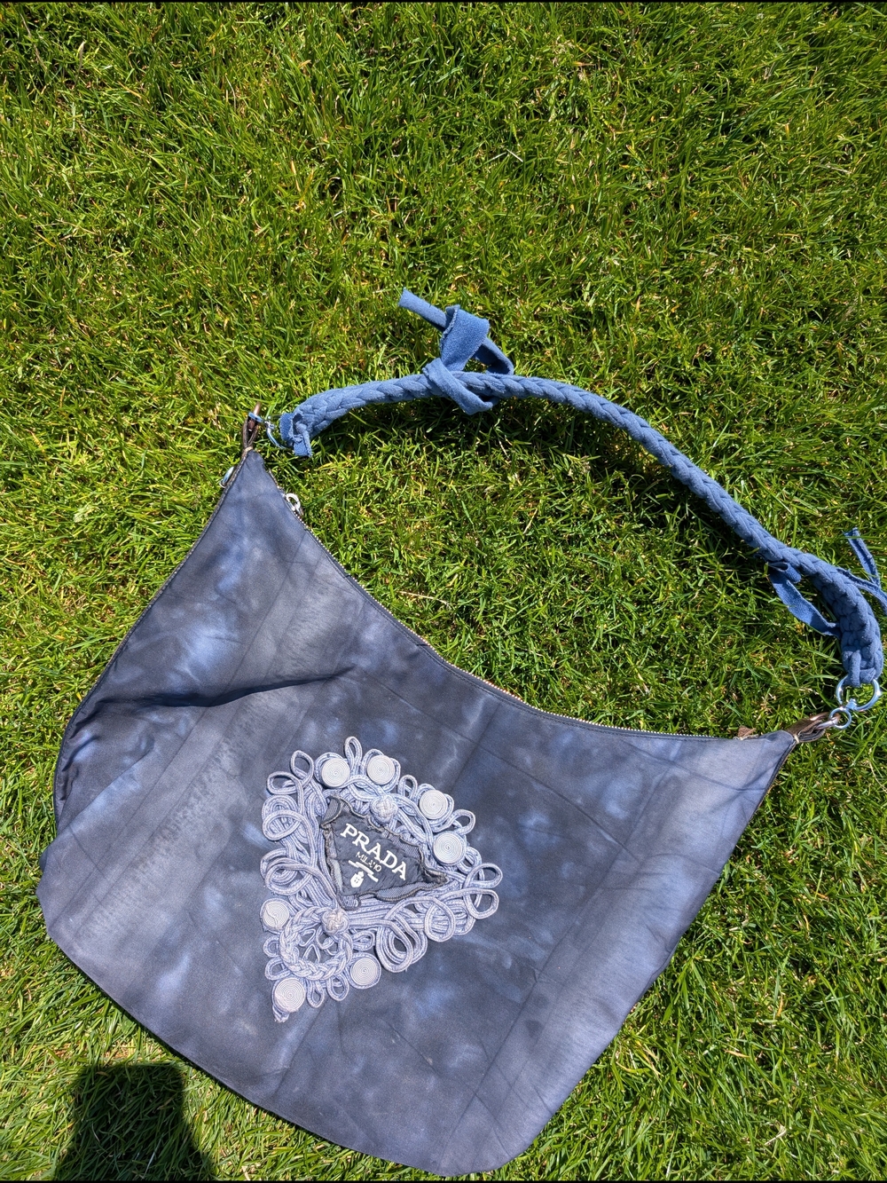 Prada Blue Tie-Dye Shoulder Bag with Braided Strap and Embroidered Crest